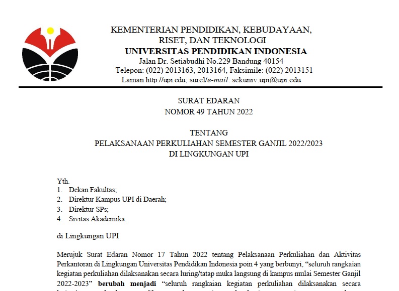 Surat Edaran Nomor 49 Tahun 2022 Tentang Pelaksanaan Perkuliahan Semester Ganjil 2022/2023 di Lingkungan UPI