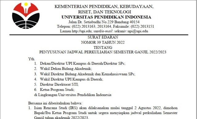 Surat Edaran Nomor 39 Tahun 2022 Tentang Penyusunan Jadwal Perkuliahan Semester Ganjil 2022/2023