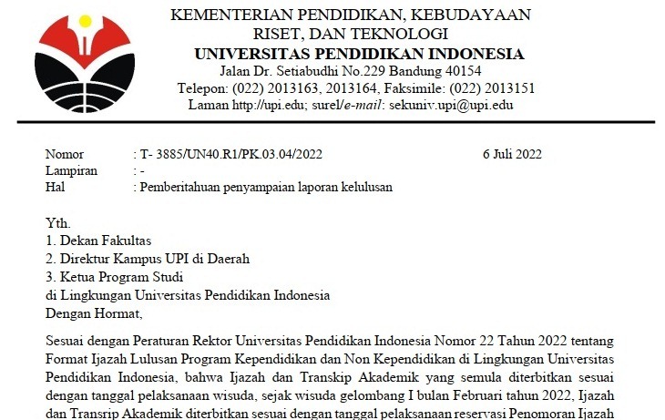 Surat Pemberitahuan Penyampaian Laporan Kelulusan
