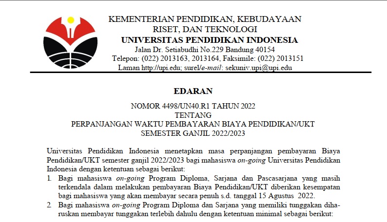 Surat Edaran Nomor 4498/UN40.R1 Tahun 2022 Tentang Perpanjangan Waktu Pembayaran Biaya Pendidikan/UKT Semester Ganjil 2022/2023