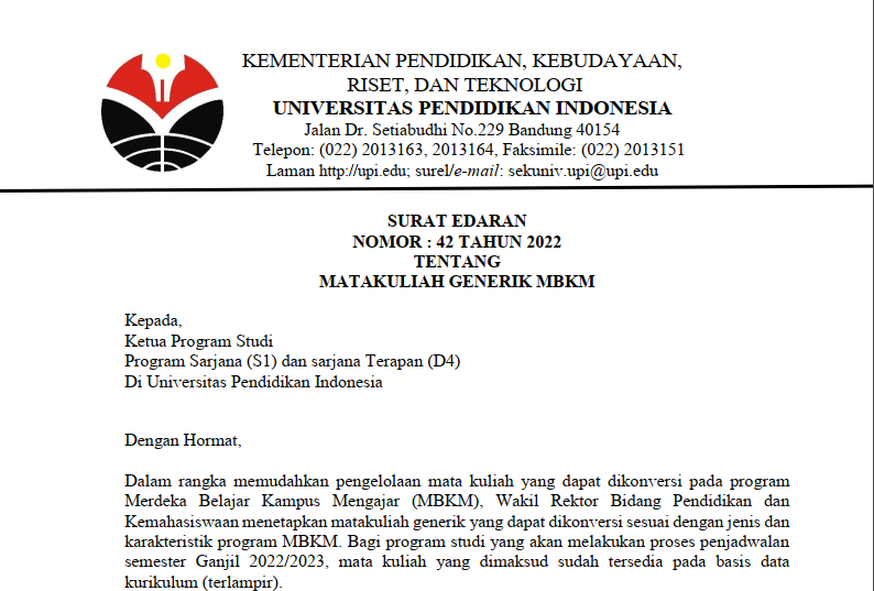 Surat Edaran Nomor 42 Tahun 2022 Tentang Matakuliah Generik MBKM