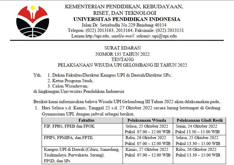 Surat Edaran Nomor 135 Tahun 2022 Tentang Pelaksanaan Wisuda UPI Gelombang III Tahun 2022