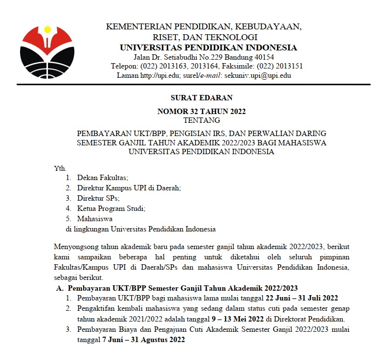 Surat Edaran Pembayaran UKT.BPP, Pengisian IRS, dan Perwalian Daring Semester Ganjil T.A 2022.2023