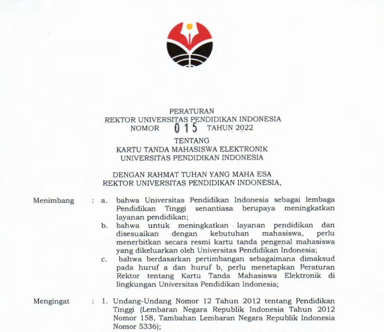 Peraturan Rektor tentang Kartu Tanda Mahasiswa Elektronik UPI
