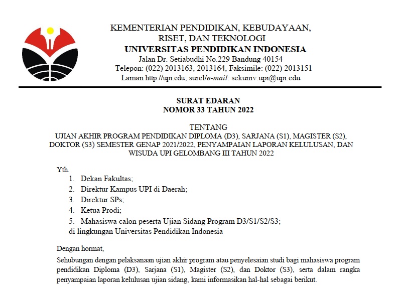 Surat Edaran Ujian Akhir Pendidikan D3, S1, S2, dan S3 Semester Genap 2021.2022