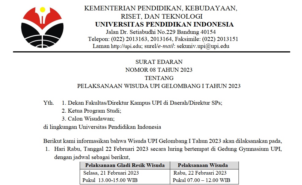 SURAT EDARAN NOMOR 08 TAHUN 2023 TENTANG PELAKSANAAN WISUDA UPI GELOMBANG I TAHUN 2023