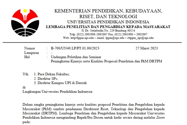 Undangan Pelatihan dan Seminar Peningkatan Kinerja serta Kualitas Proposal Penelitian dan PKM DRTPM