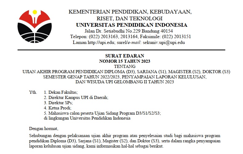 Surat Edaran Tentang Ujian Akhir Program D3, S1, S2, dan Doktor Semester Genap Tahun 2022/2023