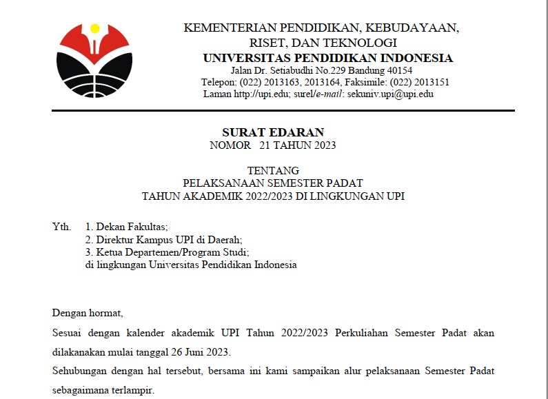 Surat Edaran Pelaksanaan Semester Padat Tahun Akademik 2022/2023