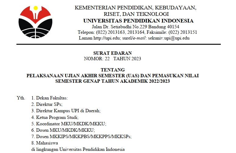 Surat Edaran Pelaksanaan Ujian Akhir Semester (UAS) dan Pemasukan Nilai Semester Genap Tahun Akademik 2022/2023