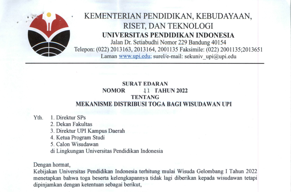 Edaran tentang Mekanisme Distribusi Toga Bagi Wisudawan UPI