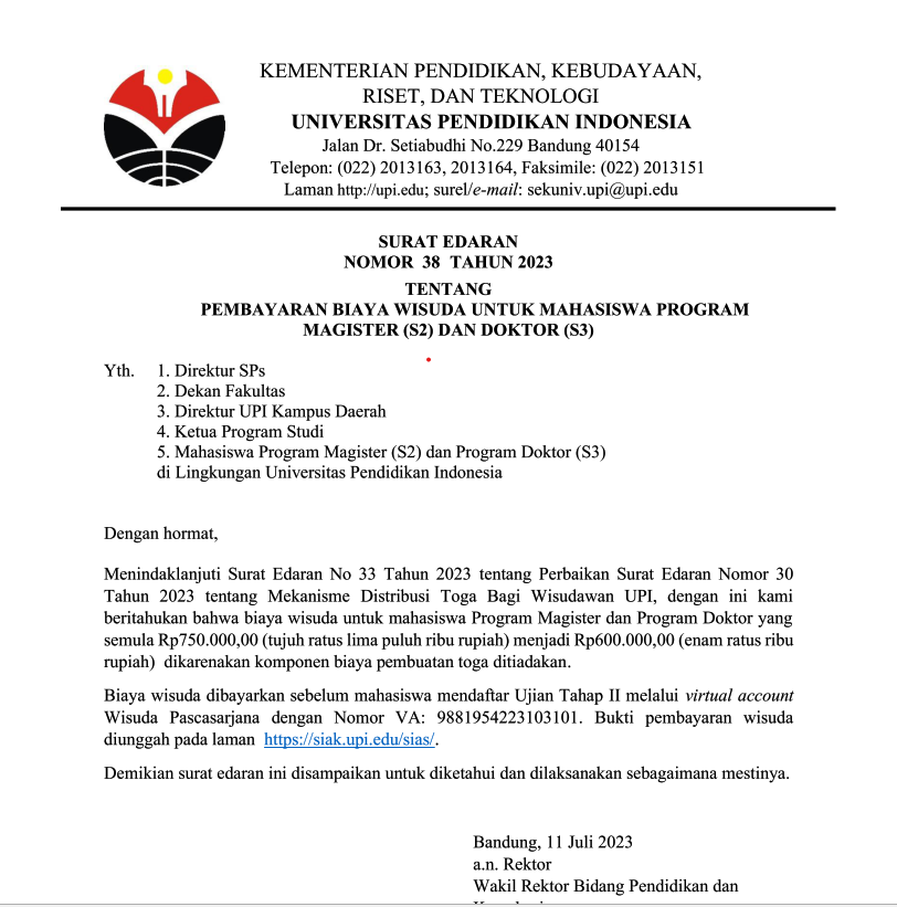 Surat Edaran Pembayaran Biaya Wisuda untuk Mahasiswa Program Magister (S2)  dan Doktor (S3)