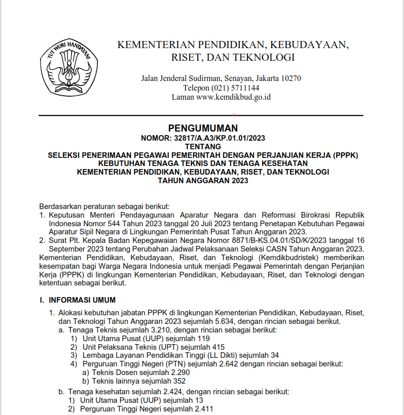 Pengumuman Seleksi Penerimaan Pegawai Pemerintah dengan Perjanjian Kerja (PPPK) Kebutuhan Tenaga Teknis dan Tenaga Kesehatan Kementerian Pendidikan, Kebudayaa, Riset dan Teknologi Tahun Anggaran 2023