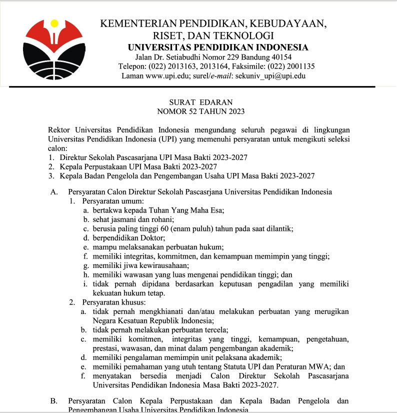 Surat Edaran Seleksi Calon Direktur Sekolah Pascasarjana UPI, Kepala Perpustakaan UPI dan Kepala Badan Pengelola dan Pengembangan Usaha UPI Masa Bakti 2023-2027