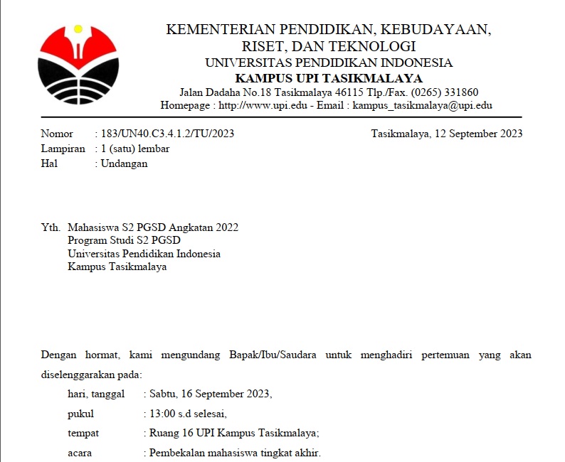 Surat Undangan Kegiatan Pembekalan Mahasiswa Tingkat Akhir