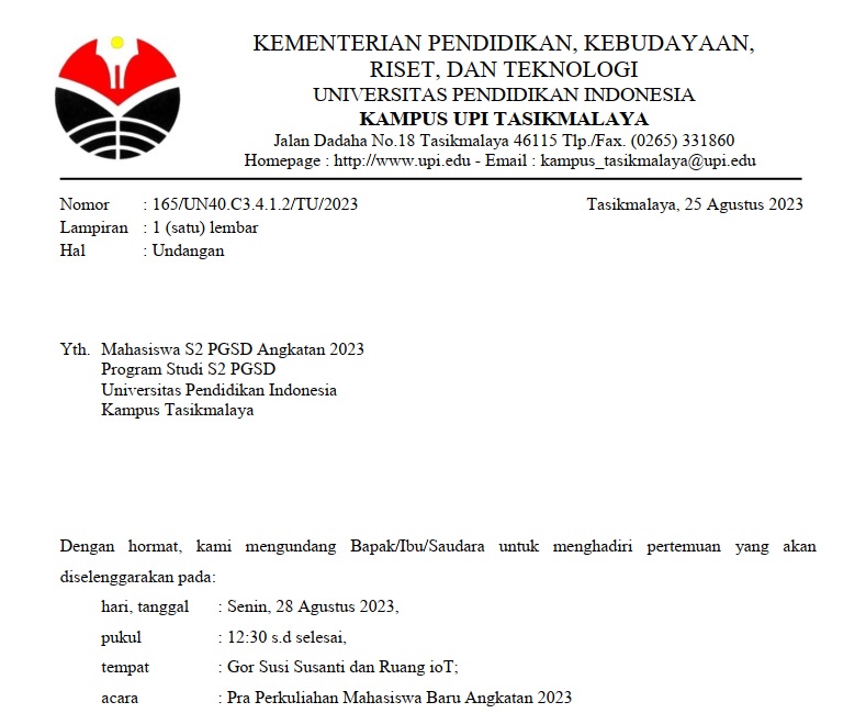 Undangan Kegiatan Pra Perkuliahan Mahasiswa Baru Angkatan 2023