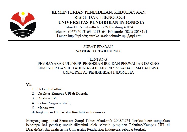 PEMBAYARAN UKT/BPP, PENGISIAN IRS, DAN PERWALIAN DARING SEMESTER GANJIL TAHUN AKADEMIK 2023/2024 BAGI MAHASISWA UNIVERSITAS PENDIDIKAN INDONESIA
