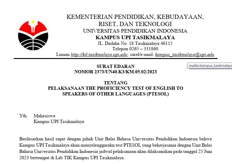 PELAKSANAAN THE PROFICIENCY TEST OF ENGLISH TO SPEAKERS OF OTHER LANGUAGES (PTESOL)