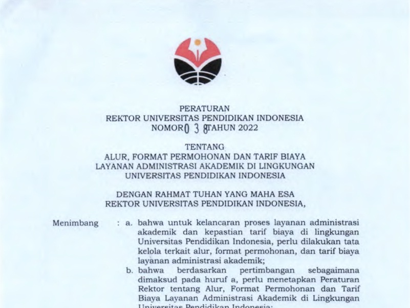 PERATURAN REKTOR TENTANG ALUR, FORMAT PERMOHONAN DAN TARIF BIAYA LAYANAN ADMINISTRASI AKADEMIK DI LINGKUNGAN UPI